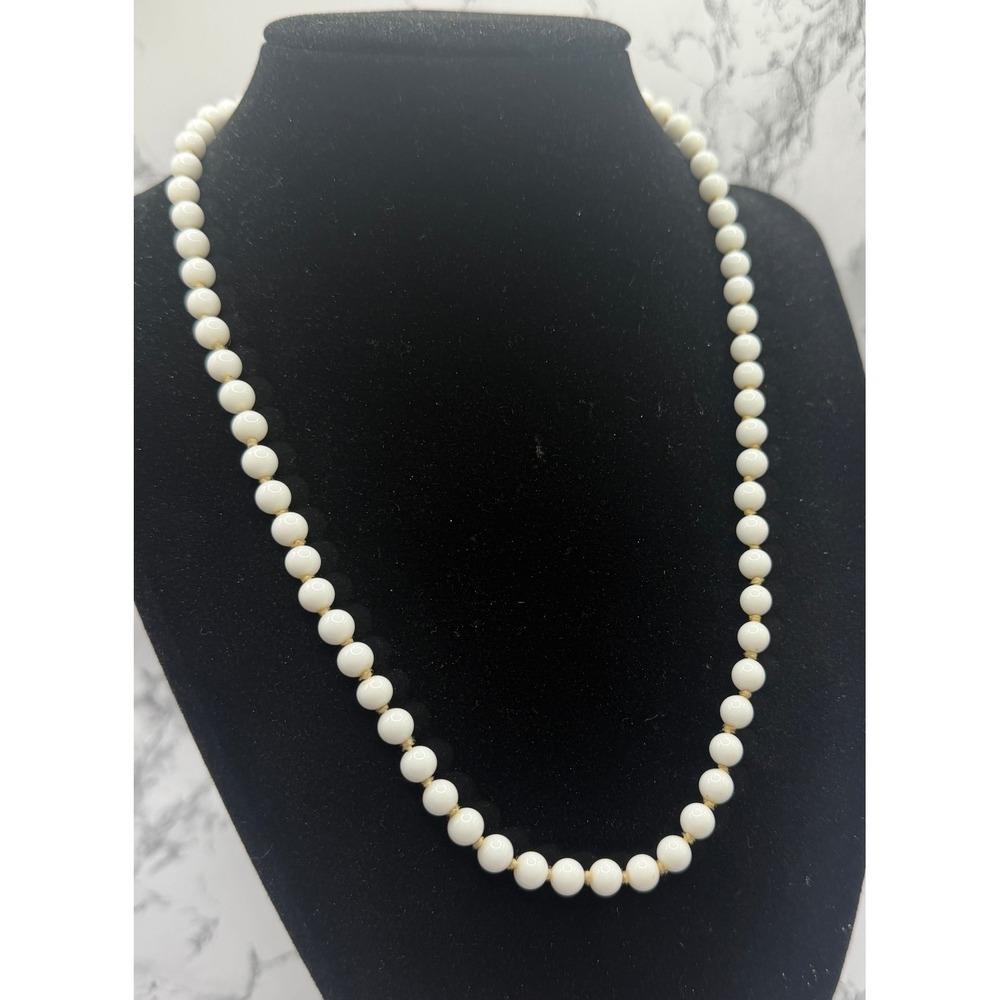 Monet White Glass Bead Necklace 18" Hand Knotted 5.3mm Signed